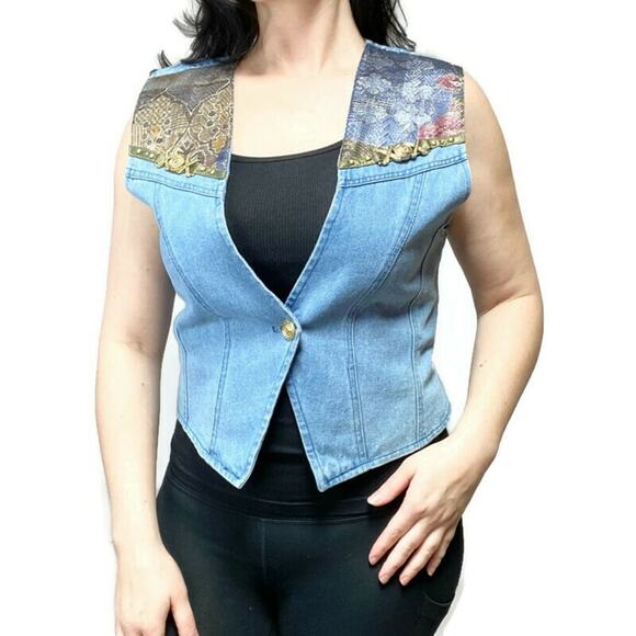 Vintage 90s Denim Brocade Vest Size 10 - Picture 1 of 6